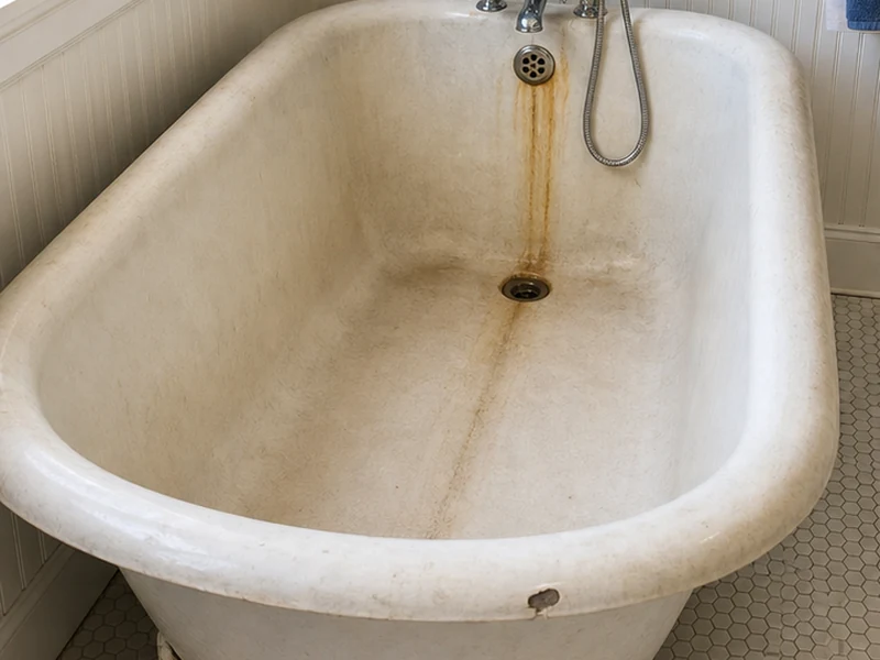 Antique clawfoot tub with dull, rust-stained porcelain interior in a Niles home before refinishing, Fremont