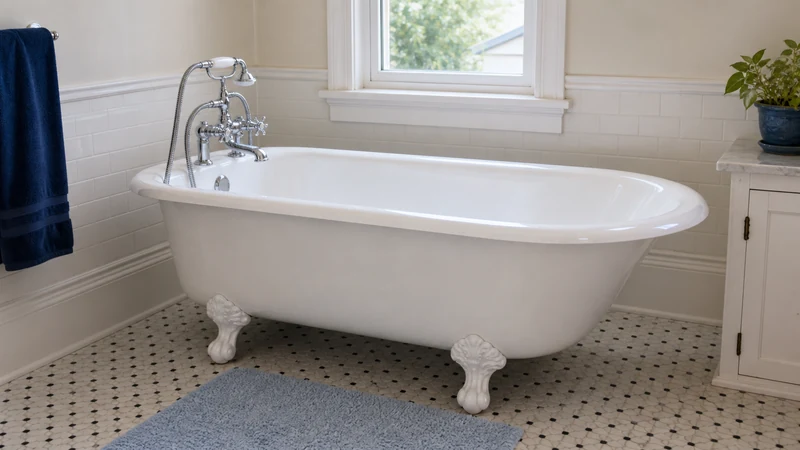 Refinished white clawfoot cast-iron tub on original ball-and-claw feet in a Mission San Jose bathroom, Fremont