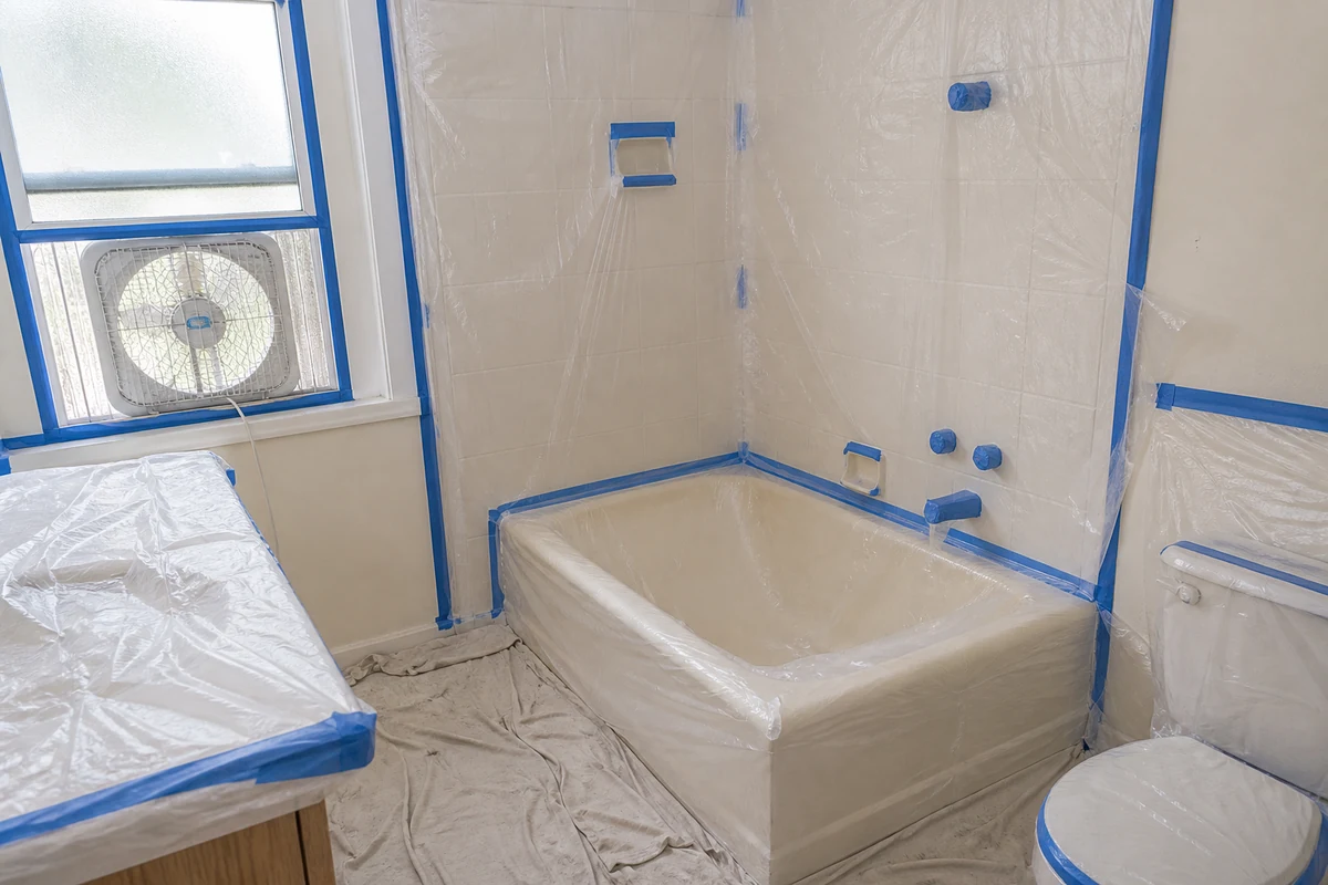 Fremont bathtub area masked off with tape and plastic, ventilation set up before spraying