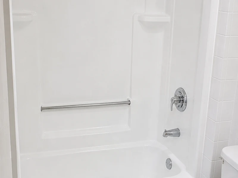 Same Centerville fiberglass shower refinished to bright even white gloss, Fremont